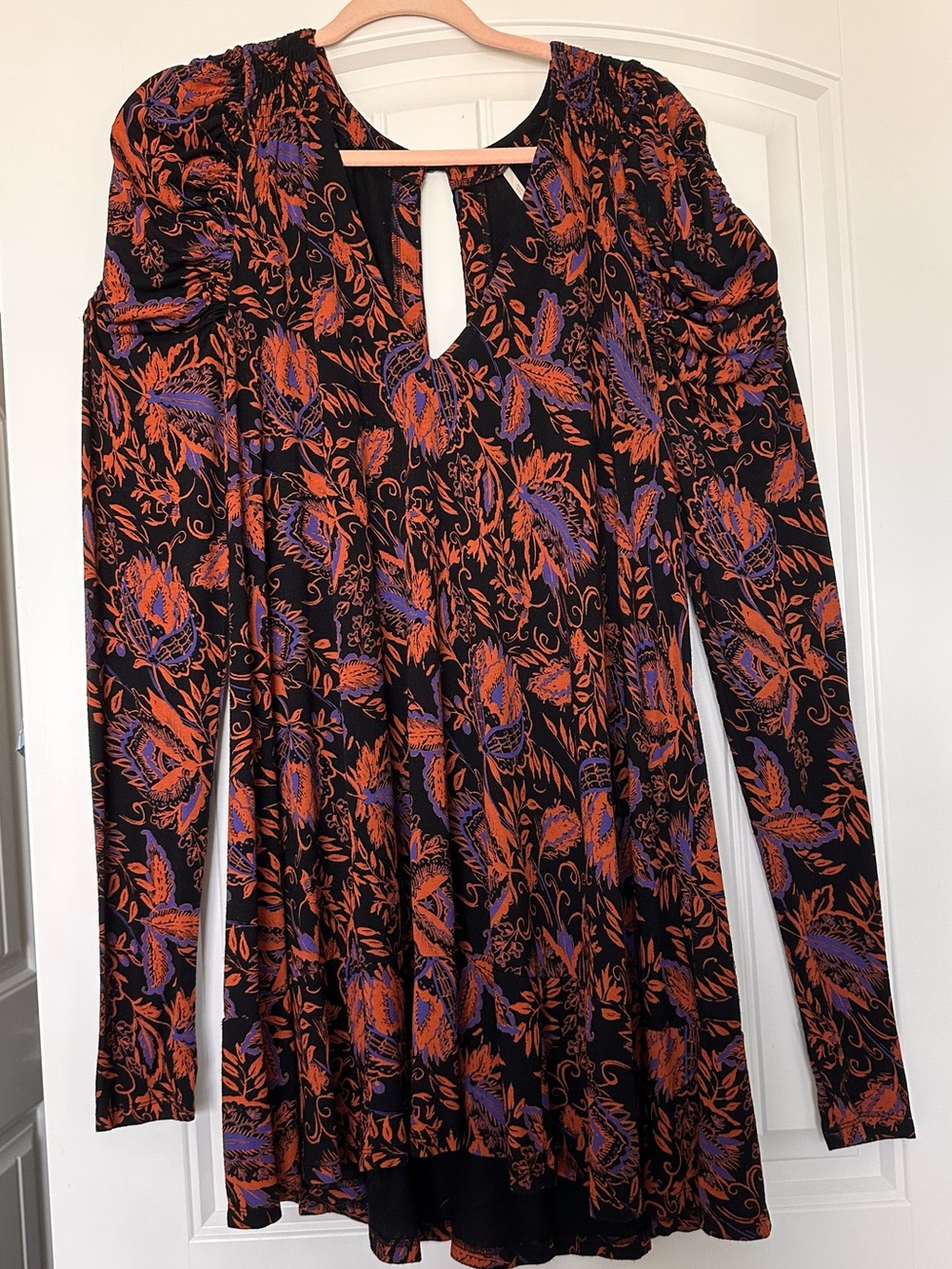 Free People Black Floral Long-Sleeve Swing Dress in Orange and Purple